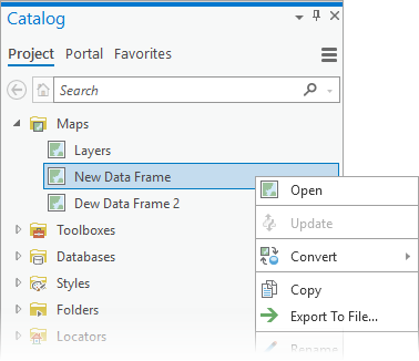 Panel Catálogo con mapas importados que corresponden a varios marcos de datos de ArcMap