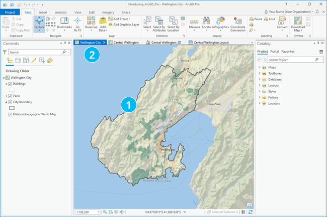 Aplicación ArcGIS Pro con una vista de mapa activa