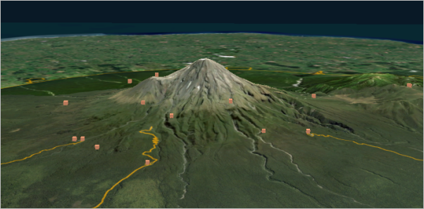 Vista de la escena con símbolos de hospedaje en 3D