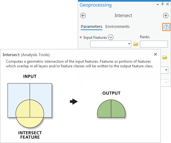 Ventana emergente de ayuda para la herramienta de geoprocesamiento Intersecar