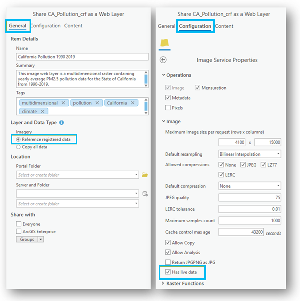 Configuración recomendada en el panel Compartir como capa web para que los servicios de imágenes se actualicen