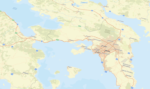 Una vista 3D del mapa base Calles de Atenas (Grecia)