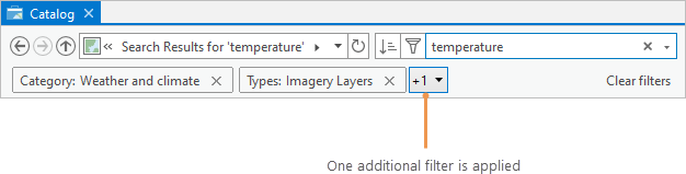 Panel Catálogo con texto de dos filtros activos y un botón con una flecha desplegable que indica un tercer filtro activo