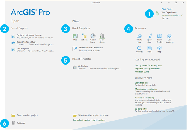 Página de inicio de ArcGIS Pro