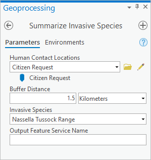 Parámetros de la herramienta web en el panel Geoprocesamiento