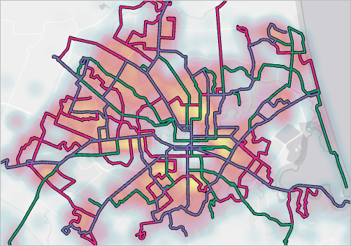 Un mapa de densidad de población y rutas de autobús