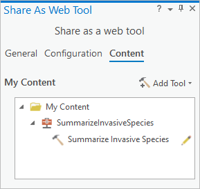 Pestaña Contenido del panel Compartir como herramienta web