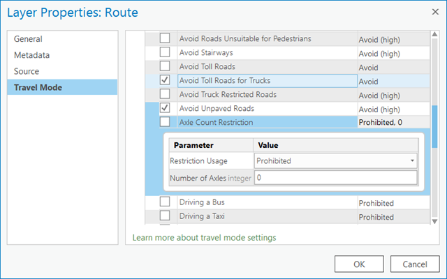 Página Modo de viaje de propiedades de la capa de análisis de red que muestra cómo cambiar los valores de los parámetros