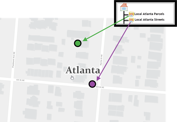 Resultados del localizador compuesto que muestran cómo cambia de la ubicación coincidente de parcela a la de calle