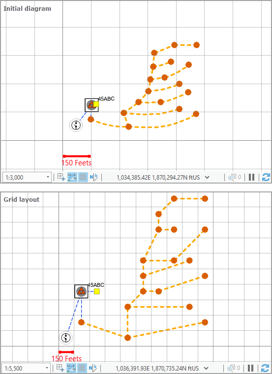 Diagrama de muestra antes y después de aplicar el diseño Cuadrícula