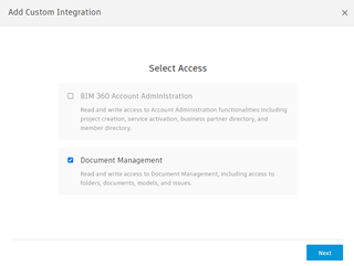 Interfaz de usuario de Agregar integración personalizada de BIM 360