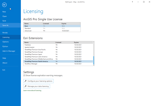 Panel de licenciamiento en el que se muestran las extensiones de Esri para StreetMap Premium