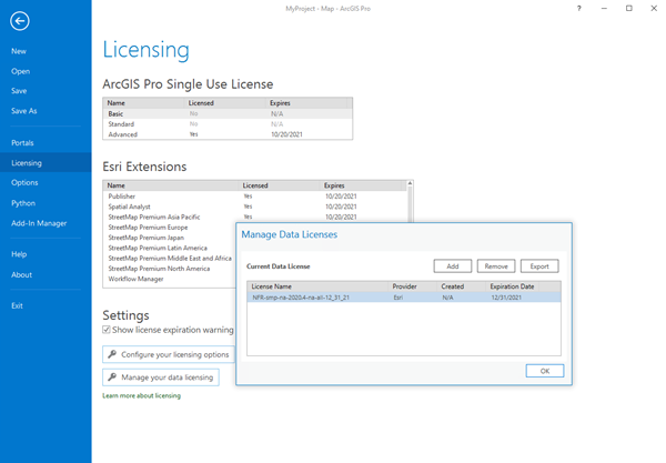 Panel Administrar licencias de datos mostrando el archivo de licencia StreetMap Premium (*.sdlic)