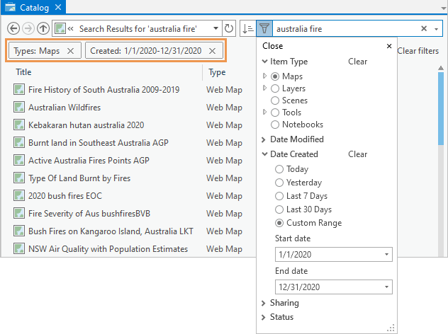 Vista de Catálogo con opciones desplegables en el botón Filtrar y resultados de búsqueda filtrados