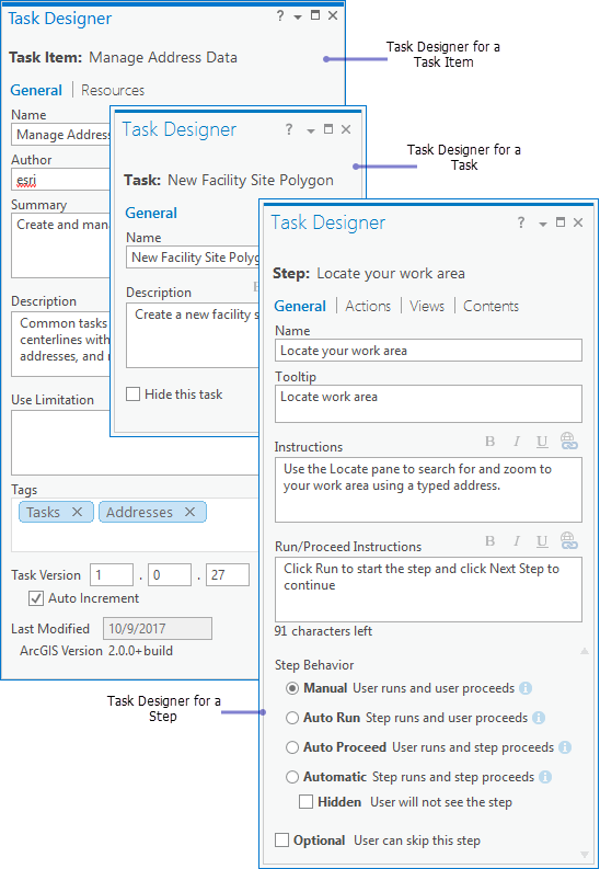 Panel Diseñador de tareas para un elemento de tarea, una tarea y un paso