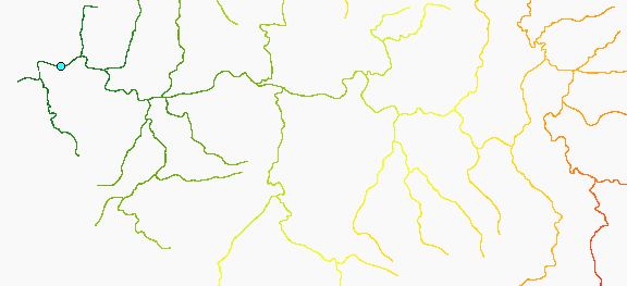 Mapa de cálculos de distancia a lo largo de una red de cursos de agua partiendo de una estación hidrométrica