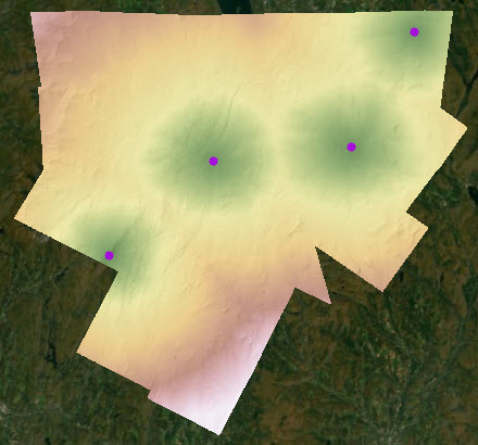 Mapa de coste-distancia acumulado calculado desde cuatro puntos