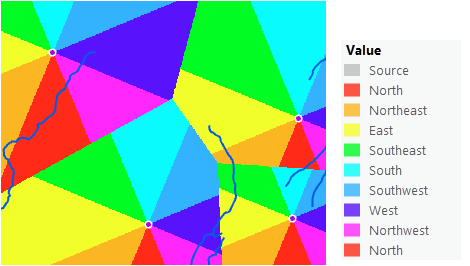 Mapa de dirección en línea recta desde 4 estaciones de guardabosques