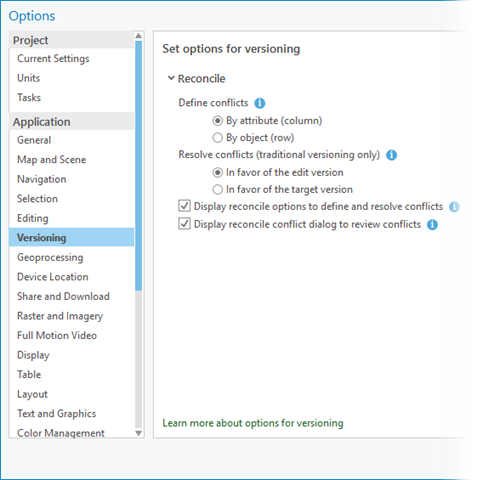 Pestaña Opciones de versionado de la configuración del proyecto de ArcGIS Pro.