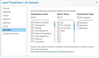 Pestaña Filtro LAS en el cuadro de diálogo Propiedades de dataset LAS