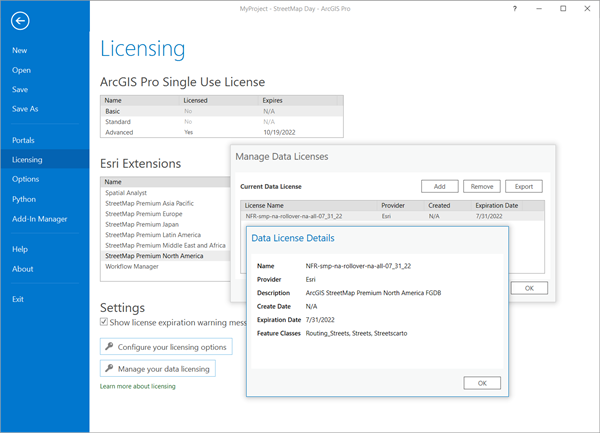 Panel Administrar licencias de datos mostrando el archivo de licencia StreetMap Premium (*.sdlic)