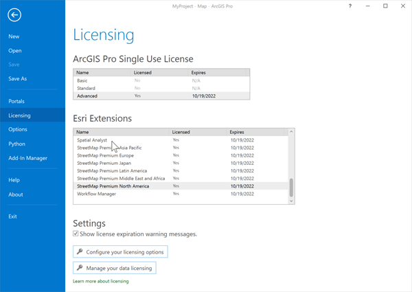 Panel de licenciamiento en el que se muestra la lista de extensiones de Esri para StreetMap Premium