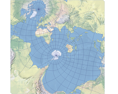 Un ejemplo de la proyección de mapa de cuadrado de Adams II con la configuración de Spilhaus