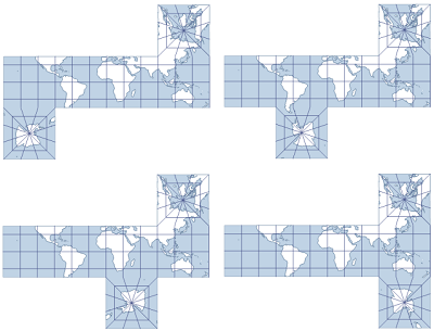 Ejemplos de la proyección Cubo con las opciones 12-15, respectivamente
