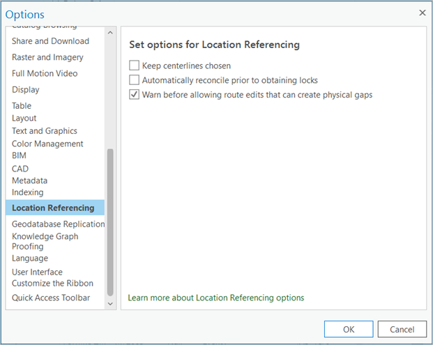 Cuadro de diálogo Opciones, opciones de Location Referencing