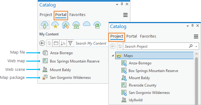 Panel del catálogo que muestra los elementos del portal en la pestaña Portal y los mapas correspondientes en la pestaña Proyecto