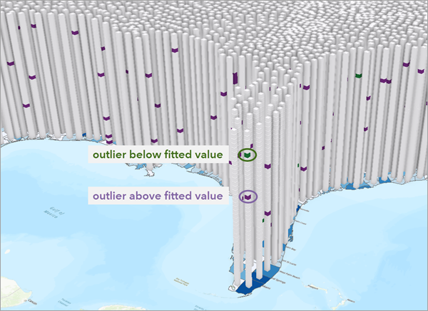 Entidades 3D que muestran valores atípicos por encima y por debajo del valor ajustado