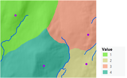 Mapa del territorio al que pueden llegar los guardabosques desde cada estación cuando todos se desplazan a pie