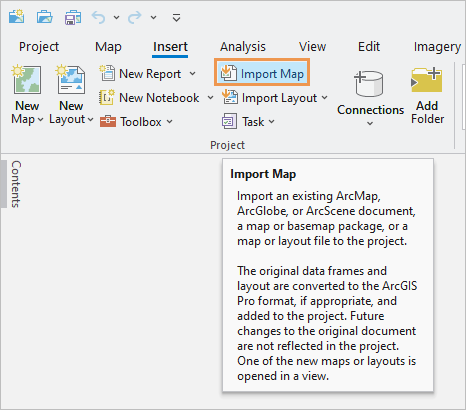 Cinta de ArcGIS Pro que muestra el comando Importar mapa y su información de pantalla