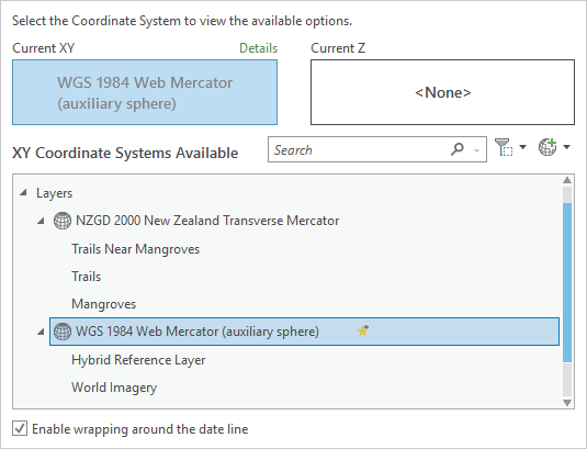 Cuadro de diálogo Propiedades del mapa con Web Mercator como Sistema XY actual