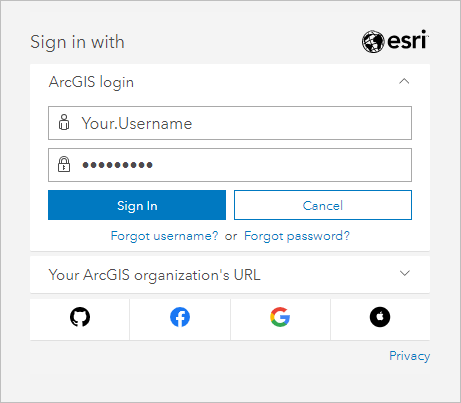 Ventana de inicio de sesión de ArcGIS