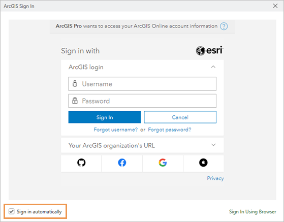 Mensaje de inicio de sesión en ArcGIS Pro