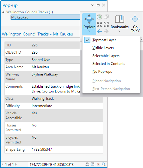 Elemento emergente de una entidad y menú de configuración desplegable de la herramienta Explorar