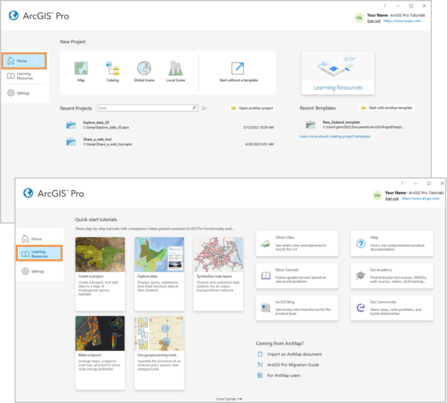 Página de inicio de ArcGIS Pro