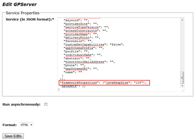 Ejemplo de propiedades de servicio en formato JSON