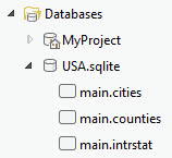 Una base de datos de SQLite ampliada en el panel Catálogo