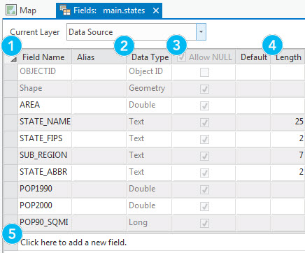 Utilice la vista Campos para visualizar propiedades de los campos y agregar campos a tablas de SQLite o GeoPackage.