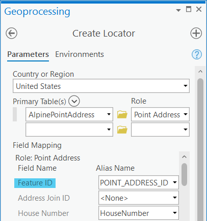 El campo POINT_ADDRESS_ID asignado al campo de rol de localizador Id. de entidad en la herramienta Crear localizador