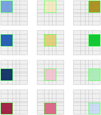 Distribución de ejemplo de 12 rásteres que componen un dataset de mosaico