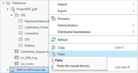 Peque el dataset de entidades de LRS en la geodatabase de destino.