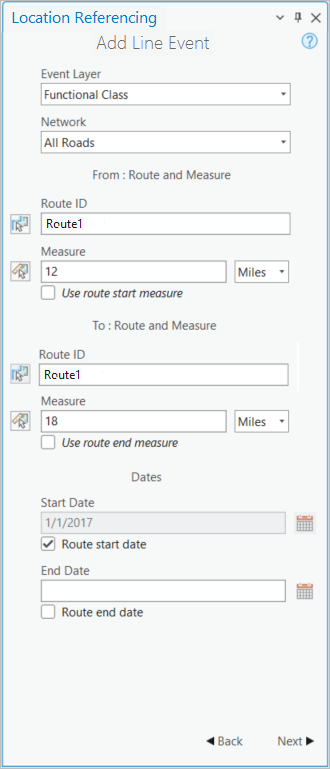 Panel Agregar evento de línea con campos de ruta y medición