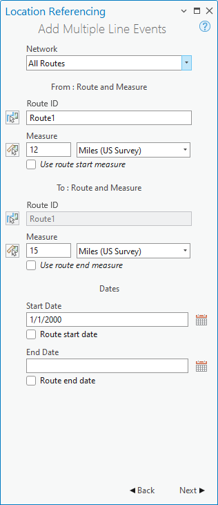 Panel Agregar eventos de varias líneas con campos de ruta y medición