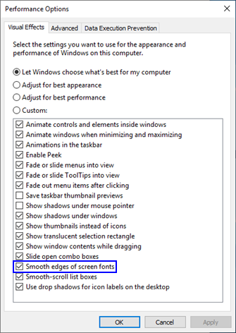 Propiedades de suavizado de fuentes del cuadro de diálogo Opciones de rendimiento de Windows