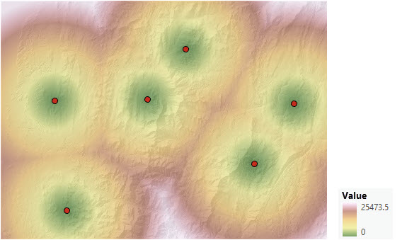 Mapa de distancia en línea recta desde seis puntos