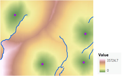 Mapa de coste-distancia acumulado desde cuatro estaciones de guardabosques