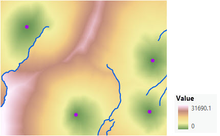 Mapa de coste-distancia acumulado con un factor vertical agregado